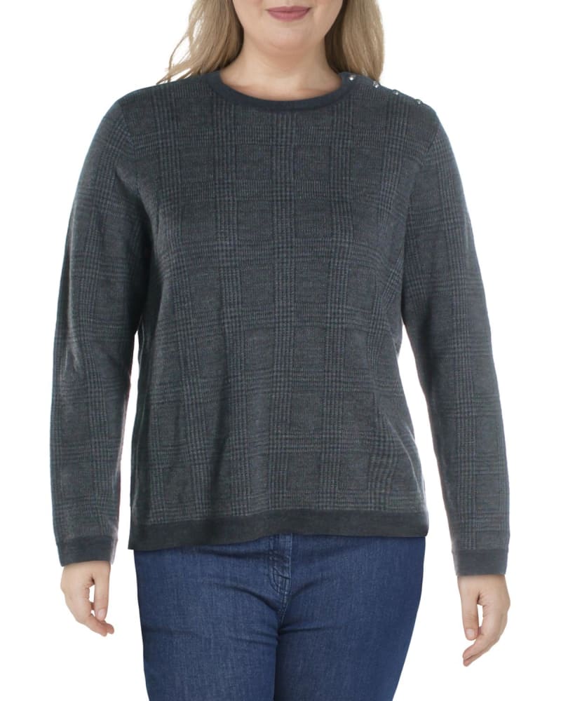 Front of a model wearing a size 2X Ralph Lauren Women's Plus Rickelle Ribbed Trim Crew Neck Sweater Gray Size 2X in Gray by Ralph Lauren. | dia_product_style_image_id:314493